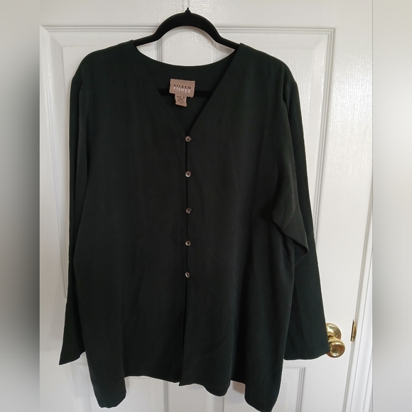 Eileen Fisher 100% Silk Black Button-Up Cardigan Blouse Long Sleeve Size Medium - Picture 1 of 6